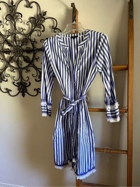 J. Crew Blue and White Striped Midi Shirt Dress with Belt